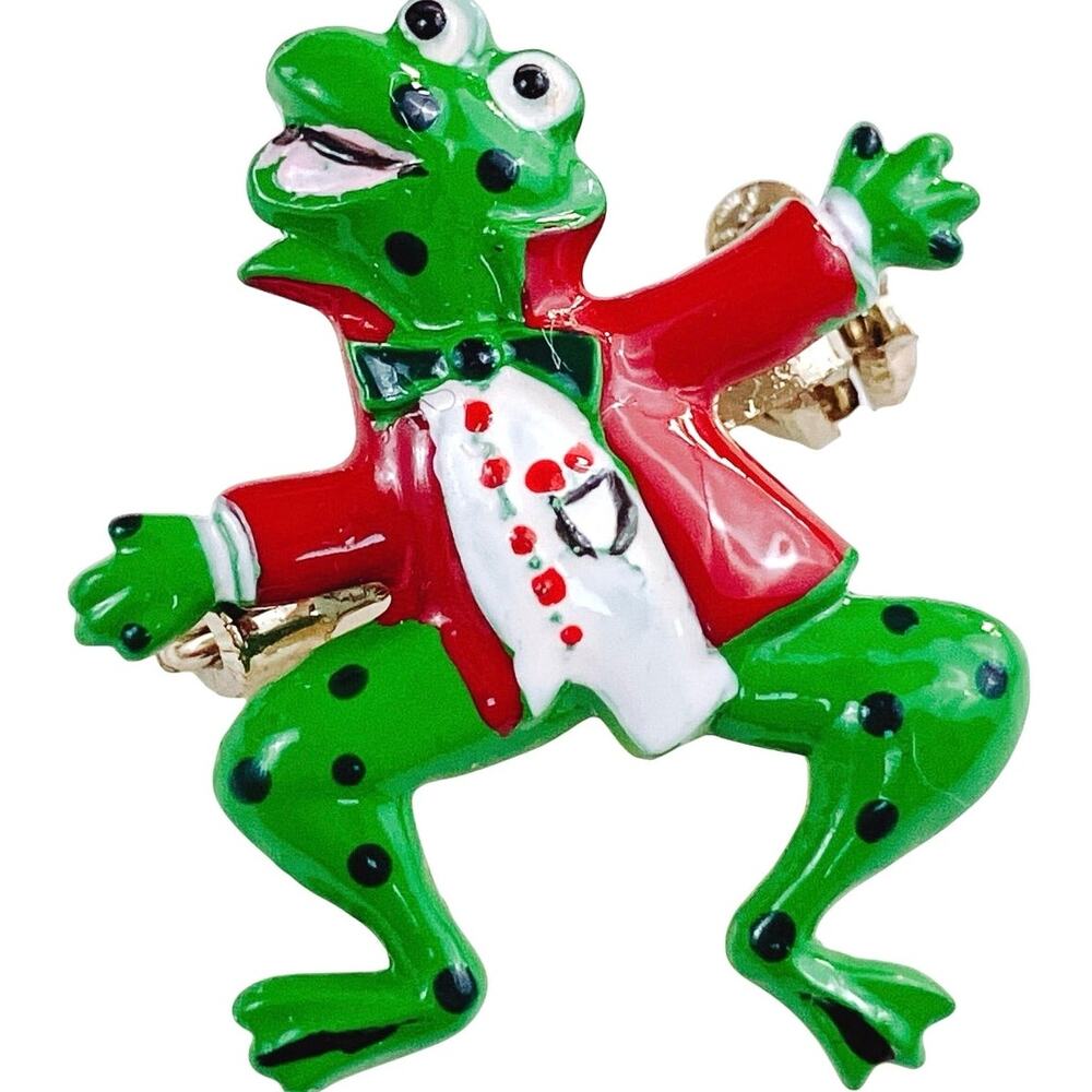 Vintage 70s 80s Enamel Frog Brooch Tuxedo Figural Pin Whimsical Korea Animal